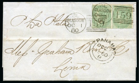 Stamp of Great Britain » 1854-1900 Postal History of the Perforated Line Engraved and Surface Printed Issues 1860 (Oct 1) Wrapper from Glasgow, Scotland, to PERU, with 1856 Wmk Emblems 1s green pair