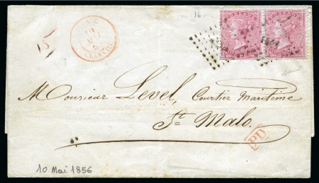 1856 Entire sent to France with 1855-57 4d carmine pair on blued glazed paper tied by French boite mobile small-numeral "1441"