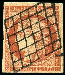 Stamp of France 1849 1F vermillon, oblitéré grille propre, deux petites