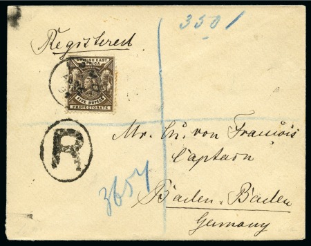 Stamp of Kenya, Uganda and Tanganyika » British East Africa 1898 (Apr 26) Envelope sent registered to Germany with 1896-1901 5R tied by Lamu cds