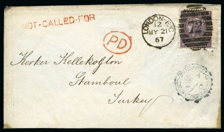 Stamp of Great Britain » 1854-1900 Postal History of the Perforated Line Engraved and Surface Printed Issues 1867 (May 21) Incoming envelope to Stamboul with "NOT-CALLED-FOR" hs