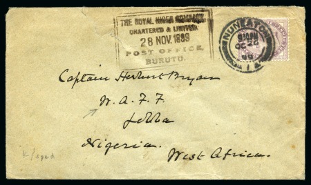 Stamp of Nigeria » Niger Coast Protectorate 1899 Incoming envelope from GB to a Captain in the West African Frontier Force, Burutu arrival ds