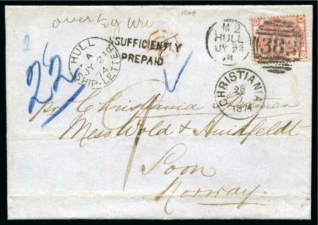 Stamp of Great Britain » 1854-1900 Postal History of the Perforated Line Engraved and Surface Printed Issues 1874 (Jul 24) Wrapper by Hull Ship Letter to Norway with 1873-80 3d rose, underpaid
