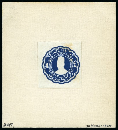 1924 Postal Stationery 4m blue essay, mounted on card, dated "20 March 1914"