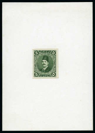 Stamp of Egypt » 1914-53 Pictorial, Farouk and Fuad Essays 1922 Essays of Harrisson 5m green, mounted on card, imperforate on unwatermarked paper, very fine and scarce (Nile Post E222)