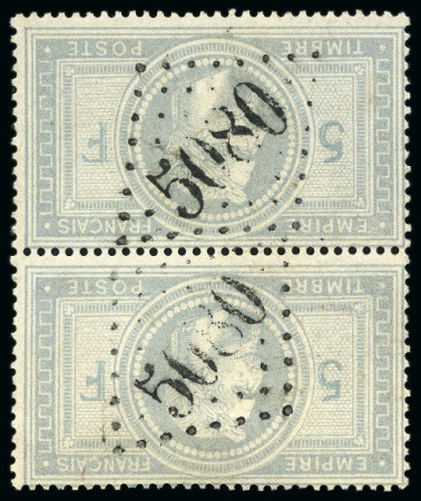 1869 5f grey, used vertical pair cancelled by clear