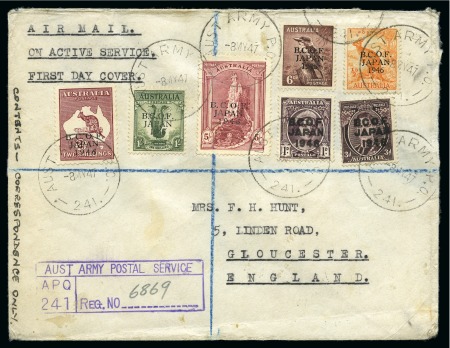 1947 (May 8) Envelope sent registered to England with set of 7 tied by "AUST ARMY P.O. / 241" cds