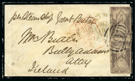 1857 Mourning envelope from Beechworth endorsed "Per Steamship Great Britain", with 1854 2d Queen-on-Throne vert. pair