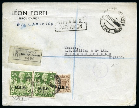 Stamp of British Occupation of Italian Colonies » Tripolitania 1945 (Nov 29) Commercial cover sent by registered airmail with 1943-47 2s6d pair and 5d