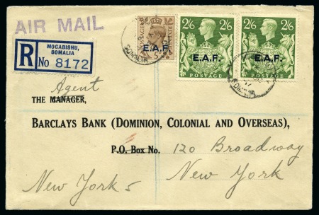 Stamp of British Occupation of Italian Colonies » Somalia 1947 (Oct 6) Commercial cover sent by registered airmail with 1943-46 E.A.F. 2s6d (2) and 5d