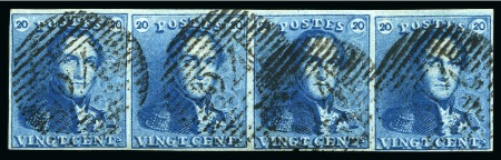 Stamp of Belgium » Belgique. 1849 Epaulettes - Émission COB N 2, 20 cent. bleu Epaulettes :  bande de 4 très