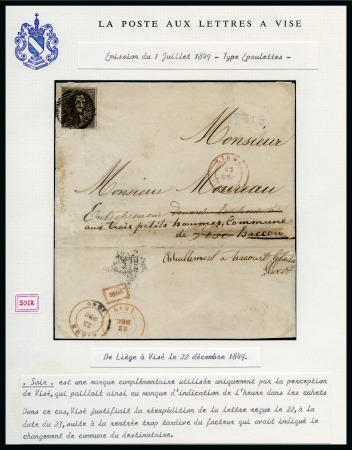 1849 Epaulettes 10c brun annulé P73 sur lettre de LIEGE/22/DEC/1849