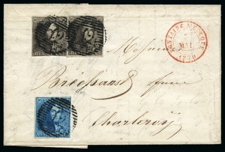 1849 Epaulettes 10c brun(2, pli) et 20c bleu, annulés P42 sur lettre de FONTAINE L'EVEQUE/3/MAI/1850 pour Charleroy