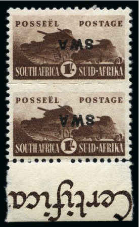 Stamp of South West Africa 1943-44 "Bantam" 1s brown with "SWA" OVERPRINT INVERTED in mint lower marginal vertical pair