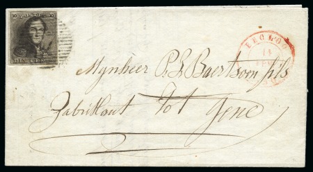Stamp of Belgium » Belgique. 1849 Epaulettes - Émission N 1, 10 cent. brun  bien margé annulé P37 sur lettre