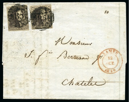 Stamp of Belgium » Belgique. 1849 Epaulettes - Émission N 1, 10 cent. brun, 2 exemplaires annulés P85 sur