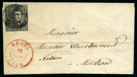 Stamp of Belgium » Belgique. 1849 Epaulettes - Émission N 1, 10 cent. brun margé  annulé P8 sur lettre d'AUBEL/15/JANV/1850