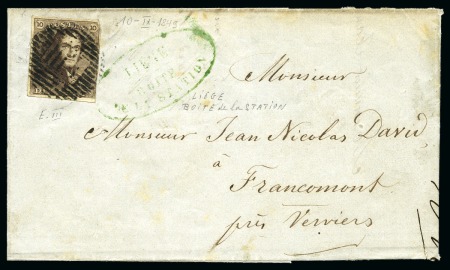 Stamp of Belgium » Belgique. 1849 Epaulettes - Émission N 1, 10 cent. brun, 3 belles marges annulé P EIII