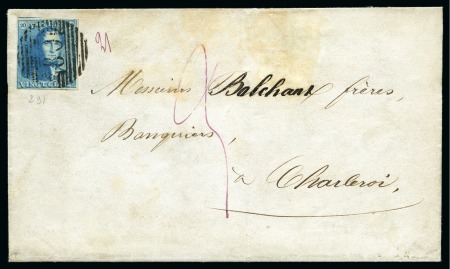 Stamp of Belgium » Belgique. 1849 Epaulettes - Émission 1849 Épaulettes 20c bleu bien margé annulé P80 sur lettre de Zone sans Càd de Marchienne-au-pont