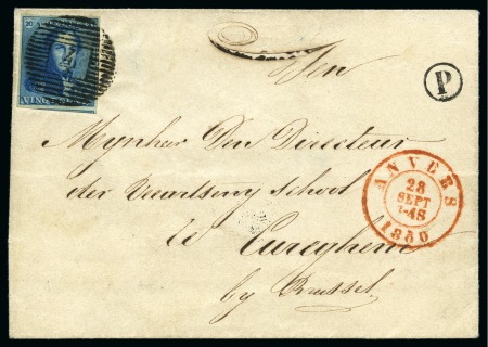 Stamp of Belgium » Belgique. 1849 Epaulettes - Émission N 2, 20 cent. bleu très bien margé annulé P4 sur