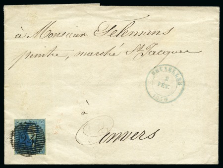 Stamp of Belgium » Belgique. 1849 Epaulettes - Émission N 2, 20 cent. bleu très  bien margé annulé P24 sur