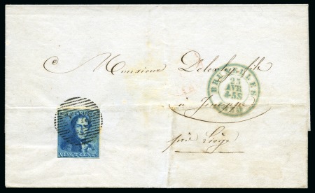 Stamp of Belgium » Belgique. 1849 Epaulettes - Émission N 2, 20 cent. bleu très  bien margé annulé P24 sur