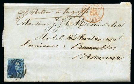 Stamp of Belgium » Belgique. 1849 Epaulettes - Émission N 2, 20 cent. bleu annulé P4 sur lettre d'ANVERS/11/AOUT/5-6S/1850