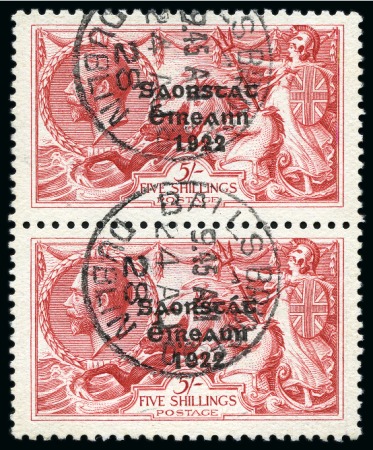 Stamp of Ireland » 1922-23 Thom Three-Line Overprints (T47-T61) 5s rose-red, used, vertical pair,  cancelled superb