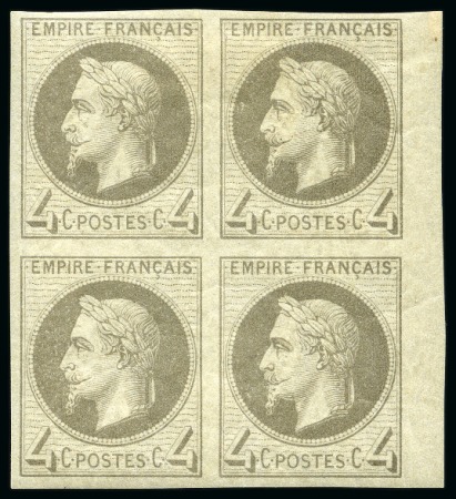 Stamp of France 4c Lauré en bloc de 4 non dentelé avec petit bord