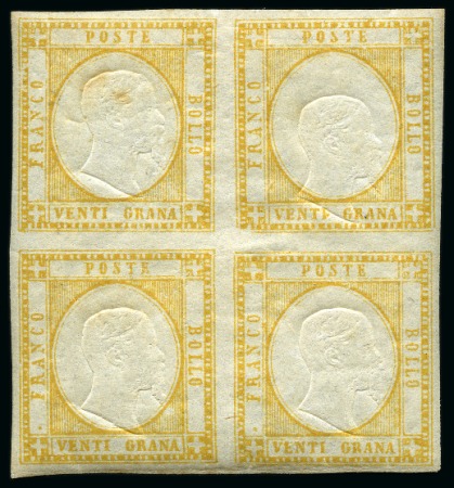 1861 20gr Orange Yellow, mint block of 4 with top right stamp showing embossed head shifted strongly downward, full o.g. and quite fresh, top left stamp with couple light age spots else very fine, cert. Sorani (2004) (Sa
