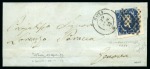 1851, 20 c. azzurro, quarto riporto, magnifico esemplare proveniente dal angolo inferiore destro di gruppo, su lettera 