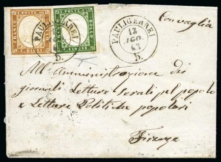 Stamp of Italian States » Sardinia 1863 (13 AGO.) Small cover to Florence franked by 10c