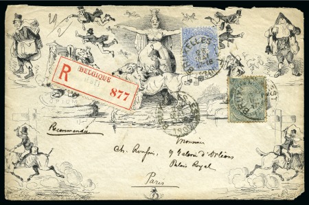 "Fores's comic enveloppe n°1" Mulready caricature Deraedemaker reprint sent registered from Brussels to Paris