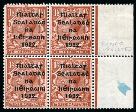 Stamp of Ireland » 1922 (Jul-Nov) Thom Overprints (T25-T41) 1922 (Jul-Nov) Thom 1 1/2d red-brown showing PENCF corrected error in marginal block of four