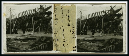 1908-1910 The "POURQUOI PAS" expedition: Glass slide for a stereoscope viewer depicting the construction of the ship