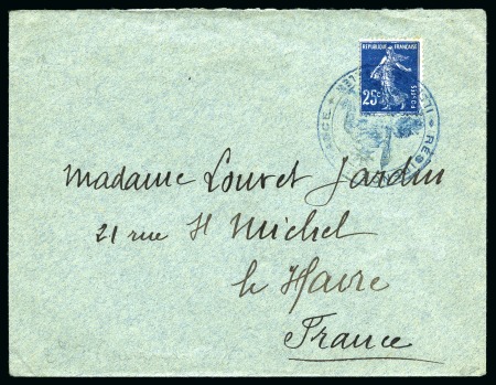 ANTARCTIC: 1911 France Sower 25c tied on cover by large blue cachet "REPUBLIQUE FRANCAISE / ILES KERGUELEN"