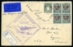 1939 (Jun 24) First Regular Transatlantic Service cover with 1922-23 4d in block of four with one stamp showing "missing accent" variety