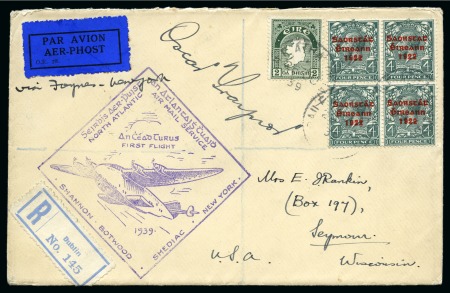 Stamp of Ireland » Airmails 1939 (Jun 24) First Regular Transatlantic Service cover with 1922-23 4d in block of four with one stamp showing "missing accent" variety