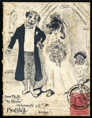 1903 Comic image in pen & ink depicting dog & horse getting married