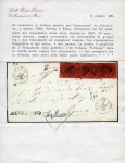 1867, 20 c. rosso indiano, coppia orizzontale con interspazio di gruppo e singolo, su lettera 