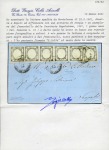 1861, 1 gr. nero, striscia orizzontale di cinque e singolo, su lettera