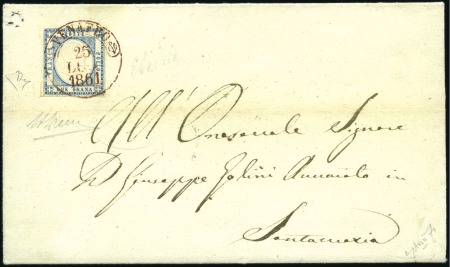 1861, 2 gr. azzurro chiaro, ben marginato ed usato su lettera del 25 luglio 1861 per Santamaria, annullato con bollo borbonico di Venafro in rosso 