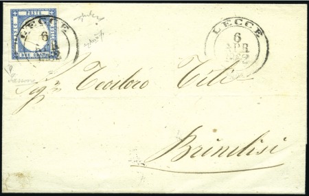 1861 2gr Bright Ultramarine Blue, large even margins, tied by Lecce cds to cover to Brindisi