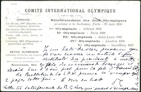 Stamp of Olympics » Pierre de Coubertin and the IOC 1913 IOC Lausanne Congress printed postcard with w