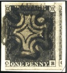 1840 1d Black pl.1b, two examples, one OB on piece