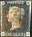 1840 1d Black pl.1b, two examples, one OB on piece