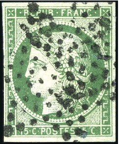 Stamp of France 1849 Superbe nuance vert-foncé du 15c Cérès, obl. 