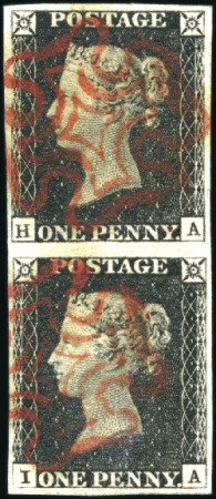 1840 1d Black pl.1b HA/IA vertical pair with good 