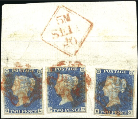 1840 2d Blue pl.1 PE, QL and RC tied to piece, all