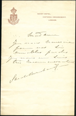 AUTOGRAPHE : Sarah BERNHARDT, vers 1890 Billet à e